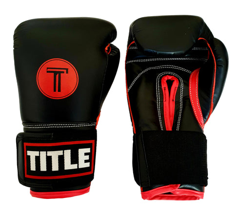 Title Leather Sparring Gloves: Black with Red Trim