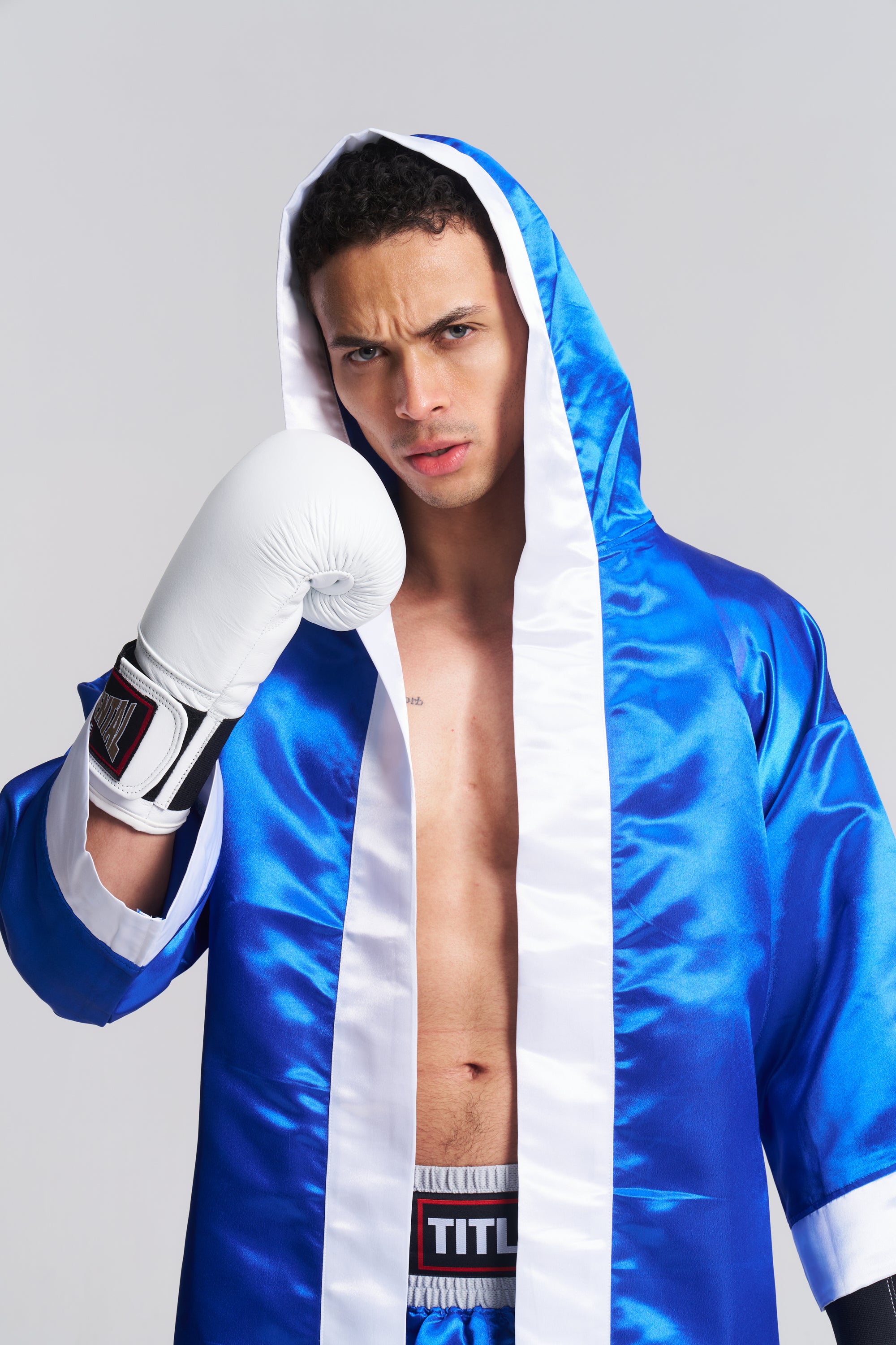 TITLE Fingertip Boxing Robe: Satin, Blue or Red with White Trim