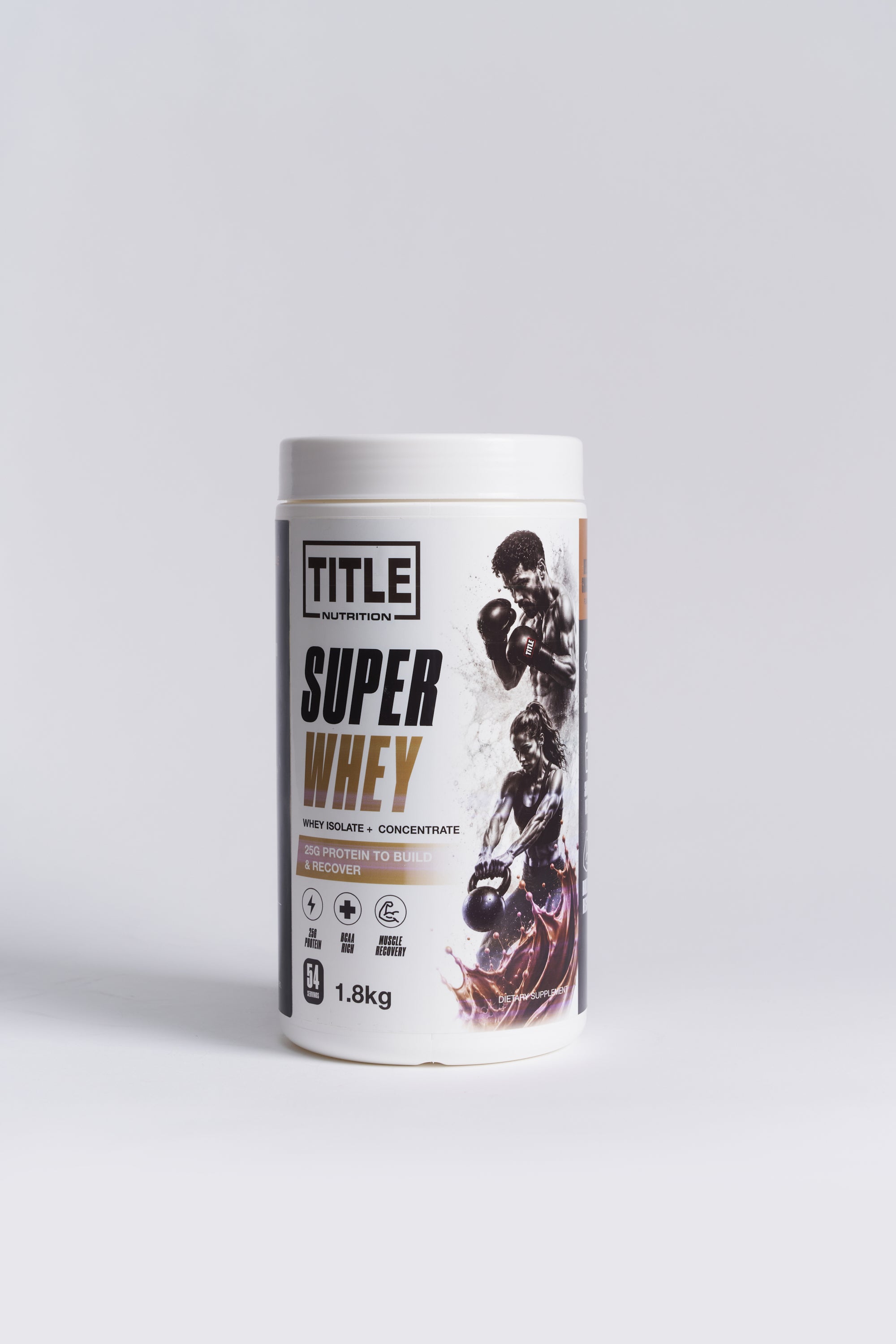 A 1.8kg tub of TITLE Nutrition Super Whey protein powder in a clean studio setting.