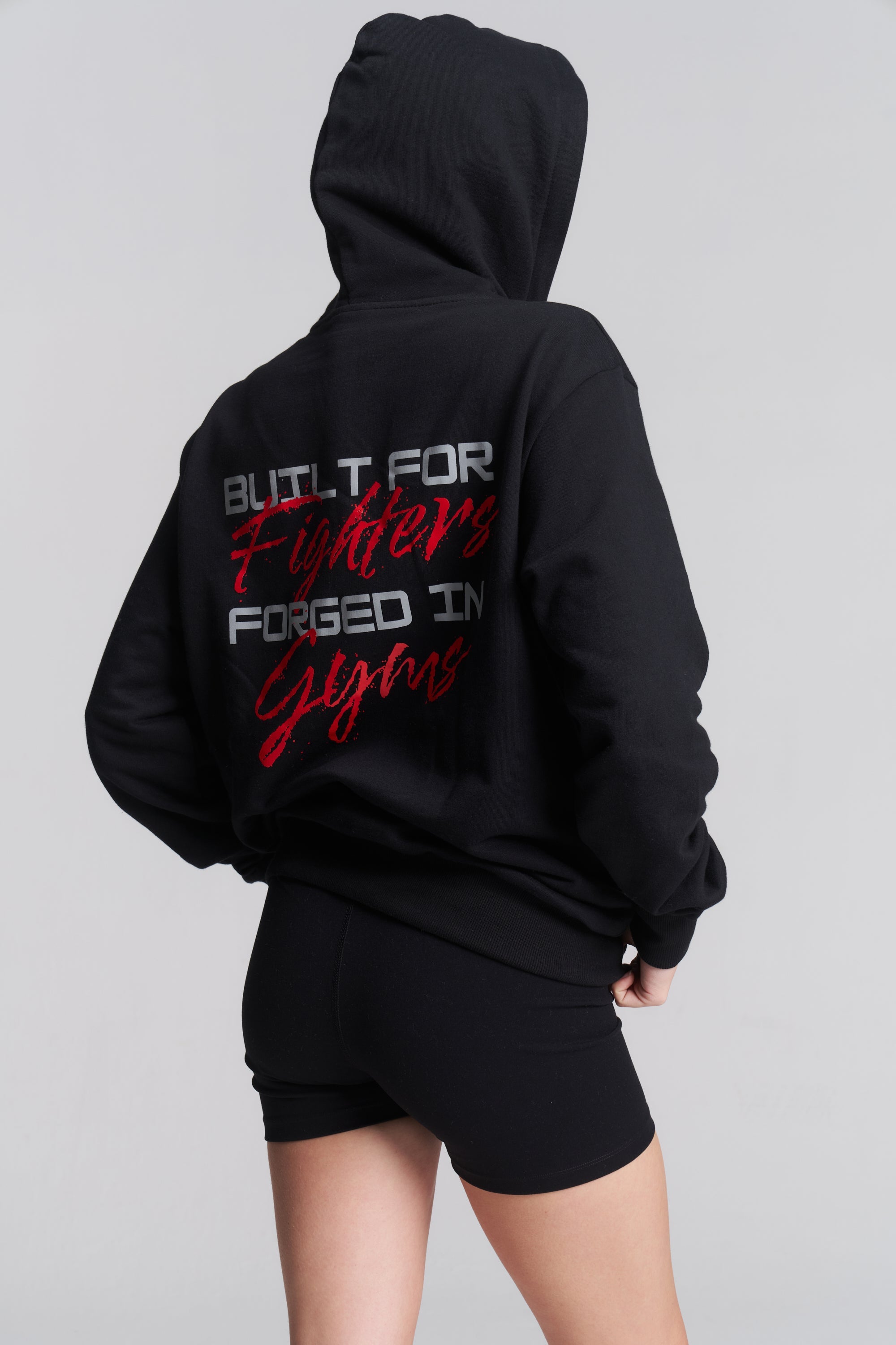 TITLE Boxing South Africa black heavyweight cotton hoodie with grey and red Built For Fighters back graphic