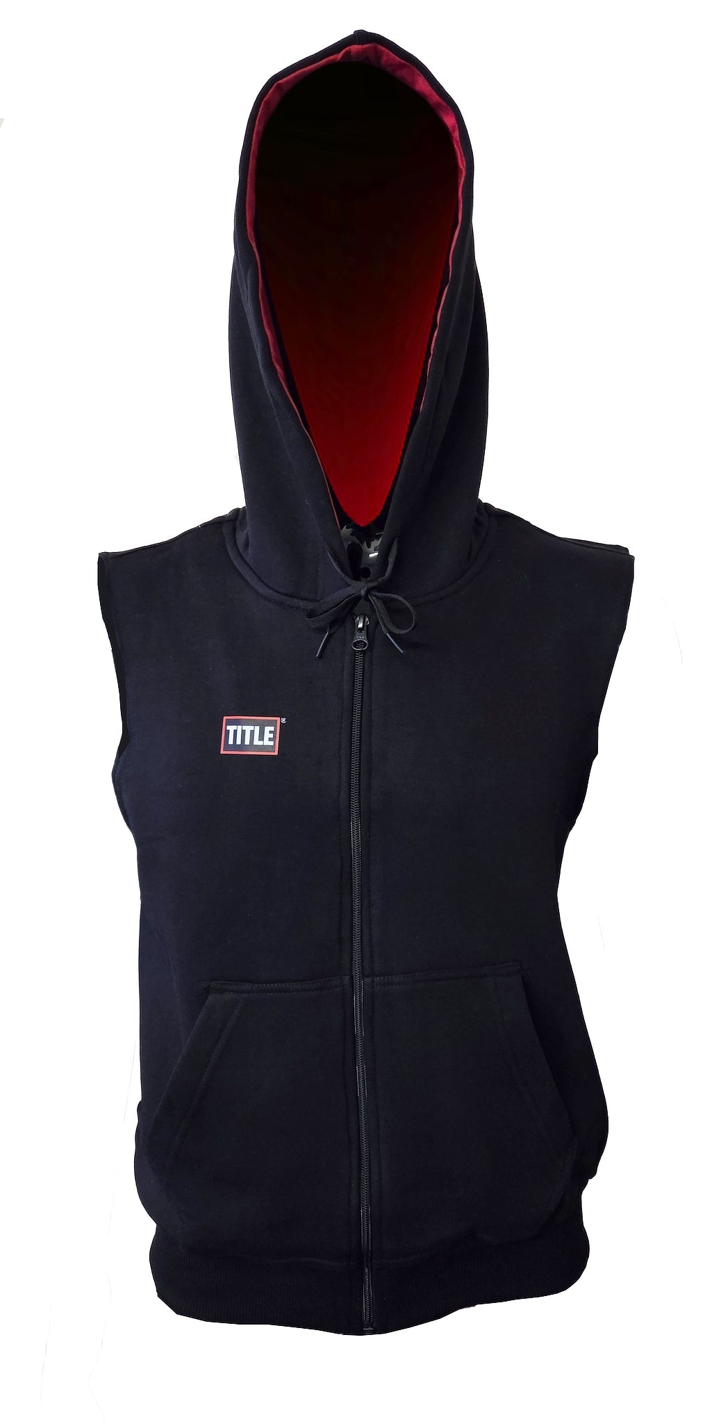 TITLE Boxing South Africa sleeveless hoodie in black with a striking red hood lining, front zip, and kangaroo pocket.