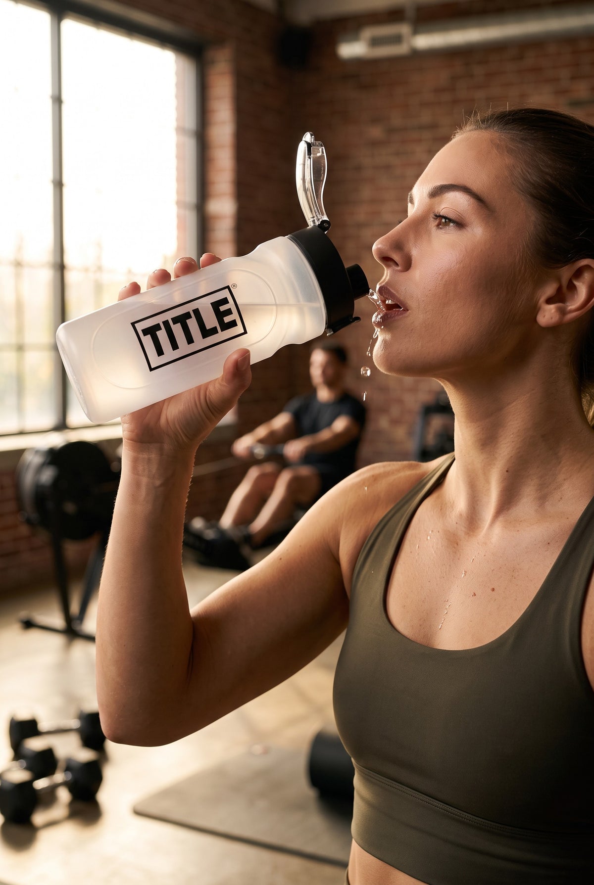 Woman drinking from a frosted TITLE Boxing South Africa shaker bottle in a gym with a man rowing in the background