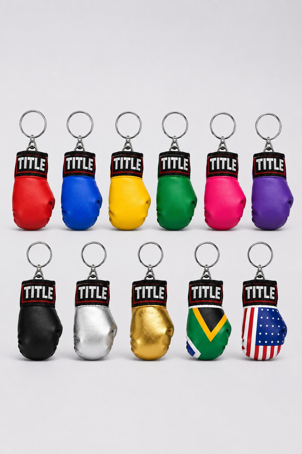 TITLE Boxing South Africa miniature boxing glove keychains in various solid colours and national flag prints