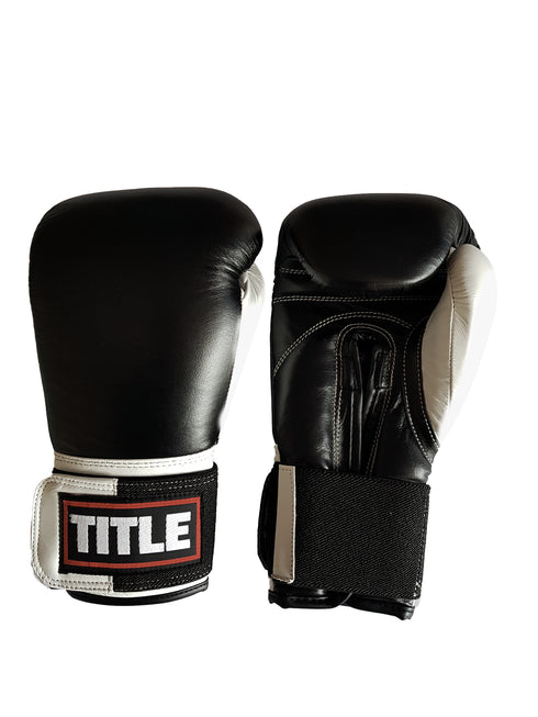 Title Leather Sparring Gloves: Black with White Thumb
