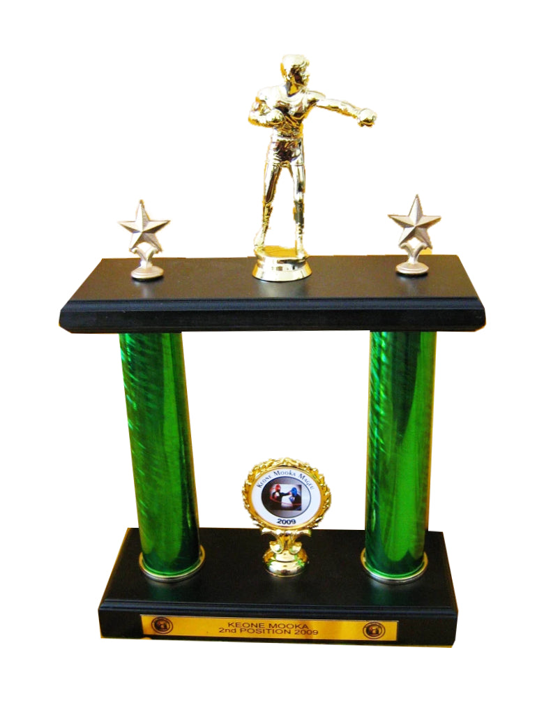 TITLE medium two pillar boxing trophy, engraved, for runner-up or main award