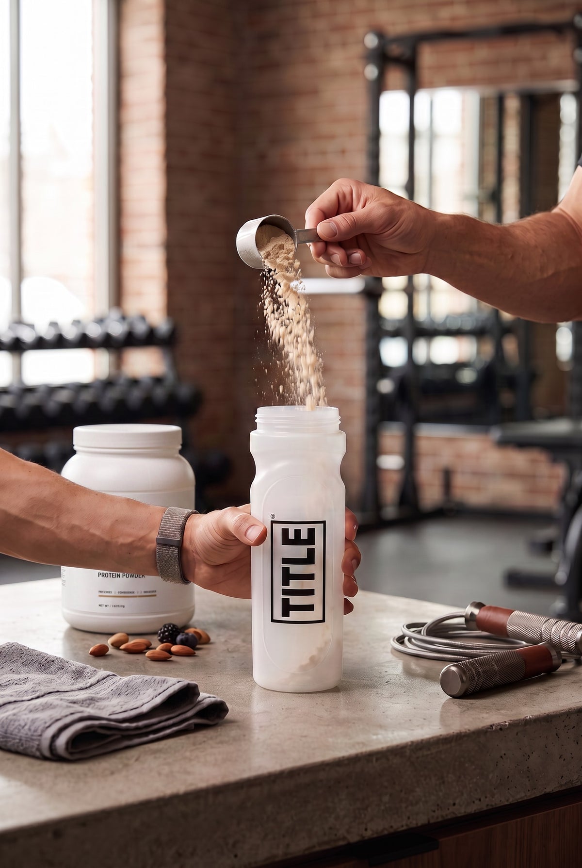 TITLE Boxing South Africa Forged Shaker being filled with protein powder in a gym setting