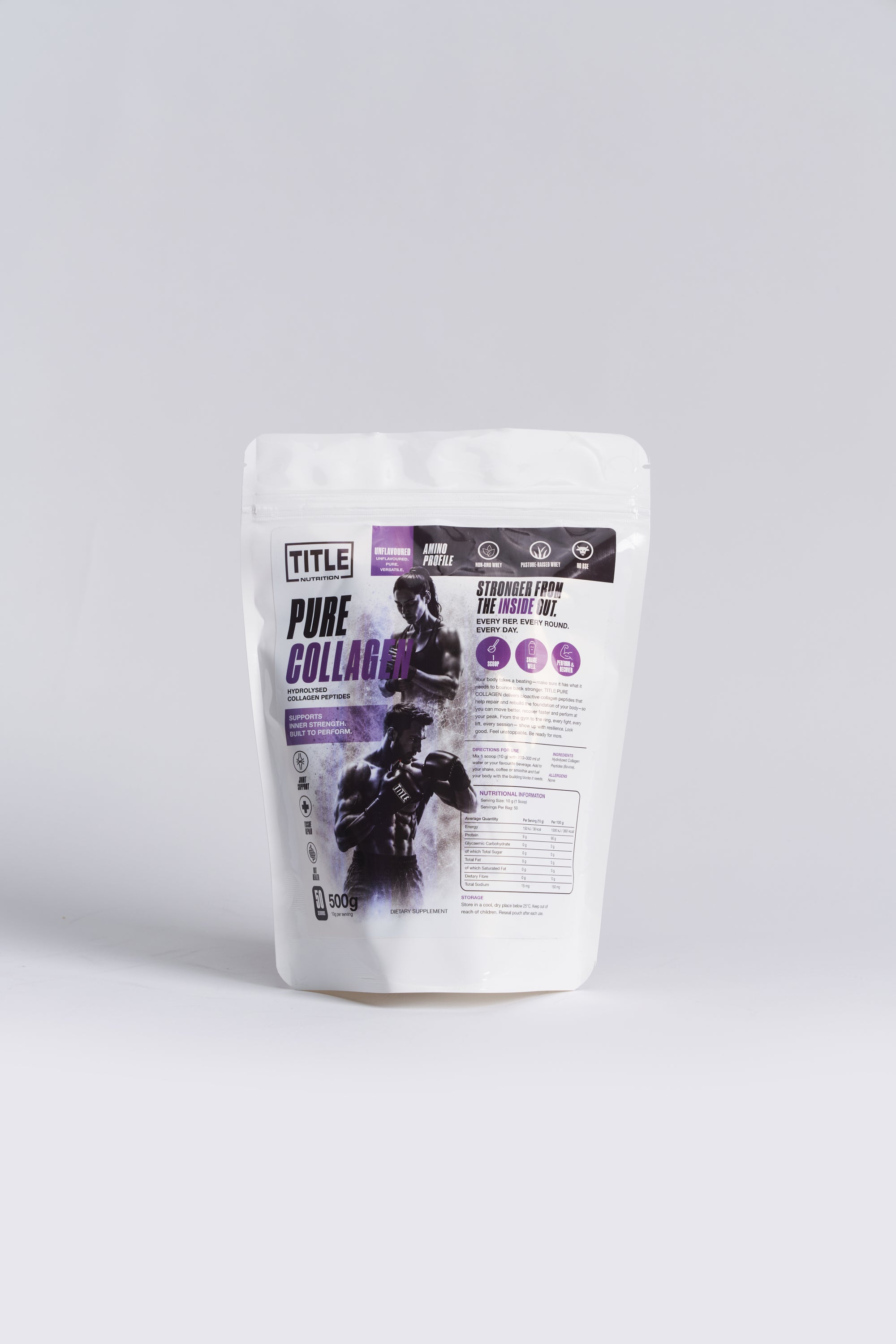 TITLE Boxing South Africa Pure Collagen 500g pouch featuring hydrolysed bovine peptides for joint and skin support.