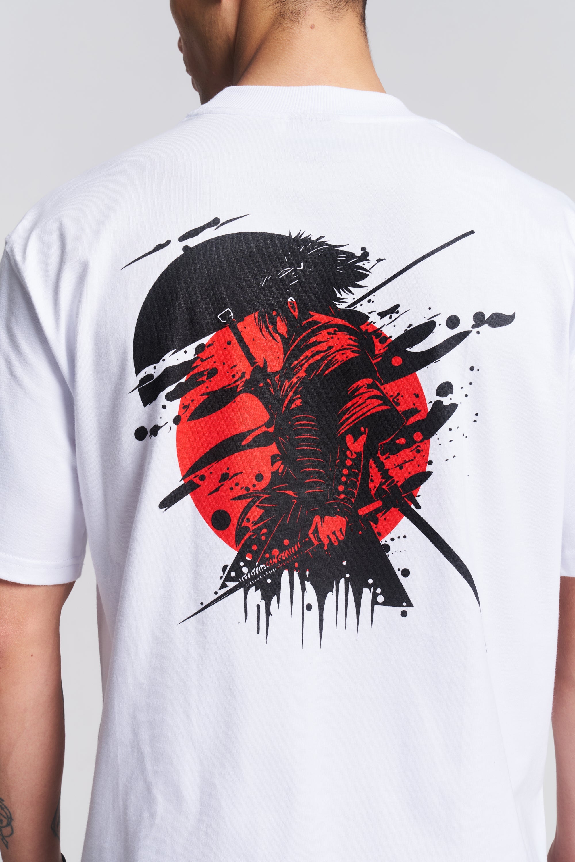 TITLE Boxing South Africa white oversized cotton t-shirt featuring a black and red samurai back graphic print