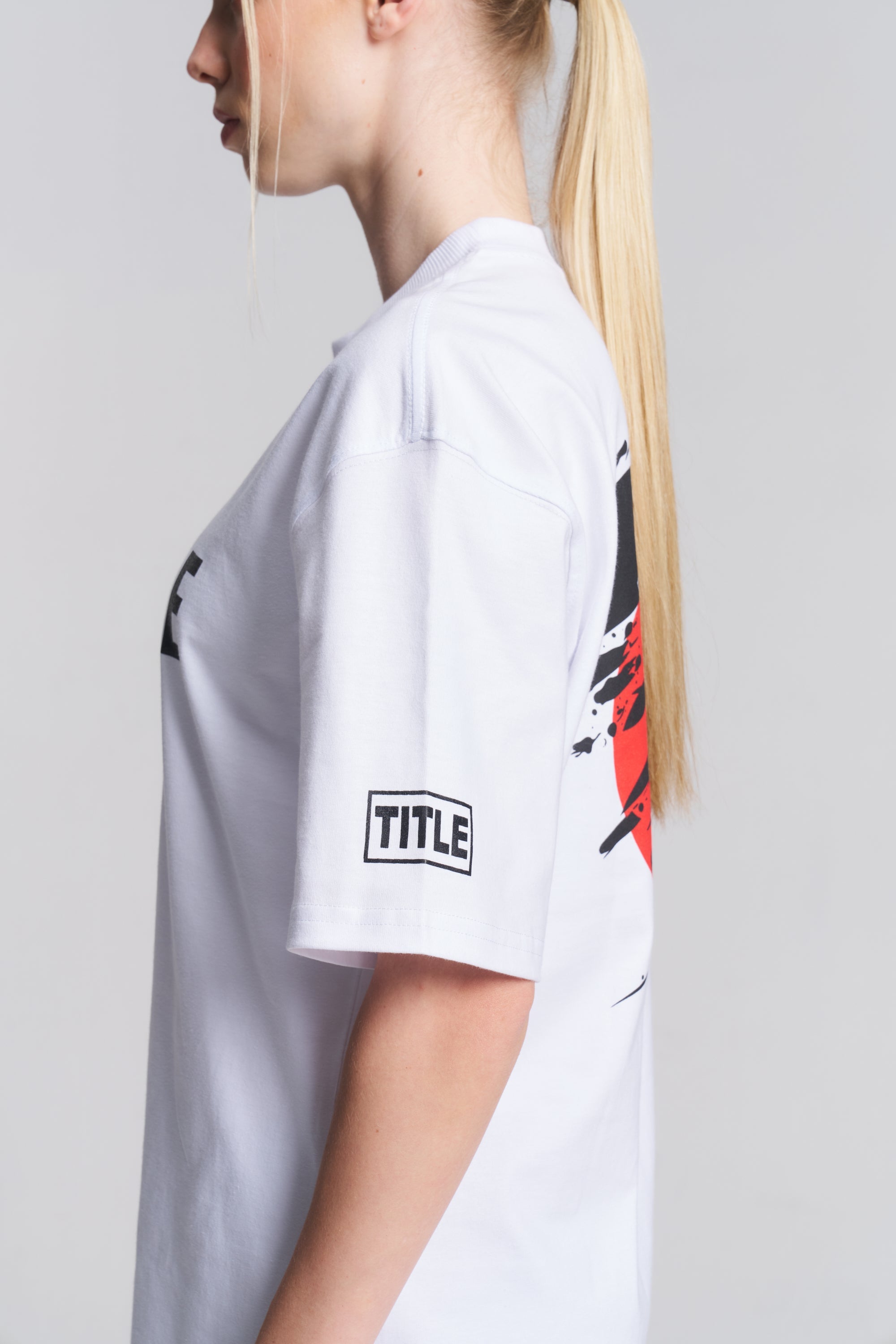 TITLE Boxing South Africa white oversized cotton t-shirt with black and red samurai back print and sleeve logo