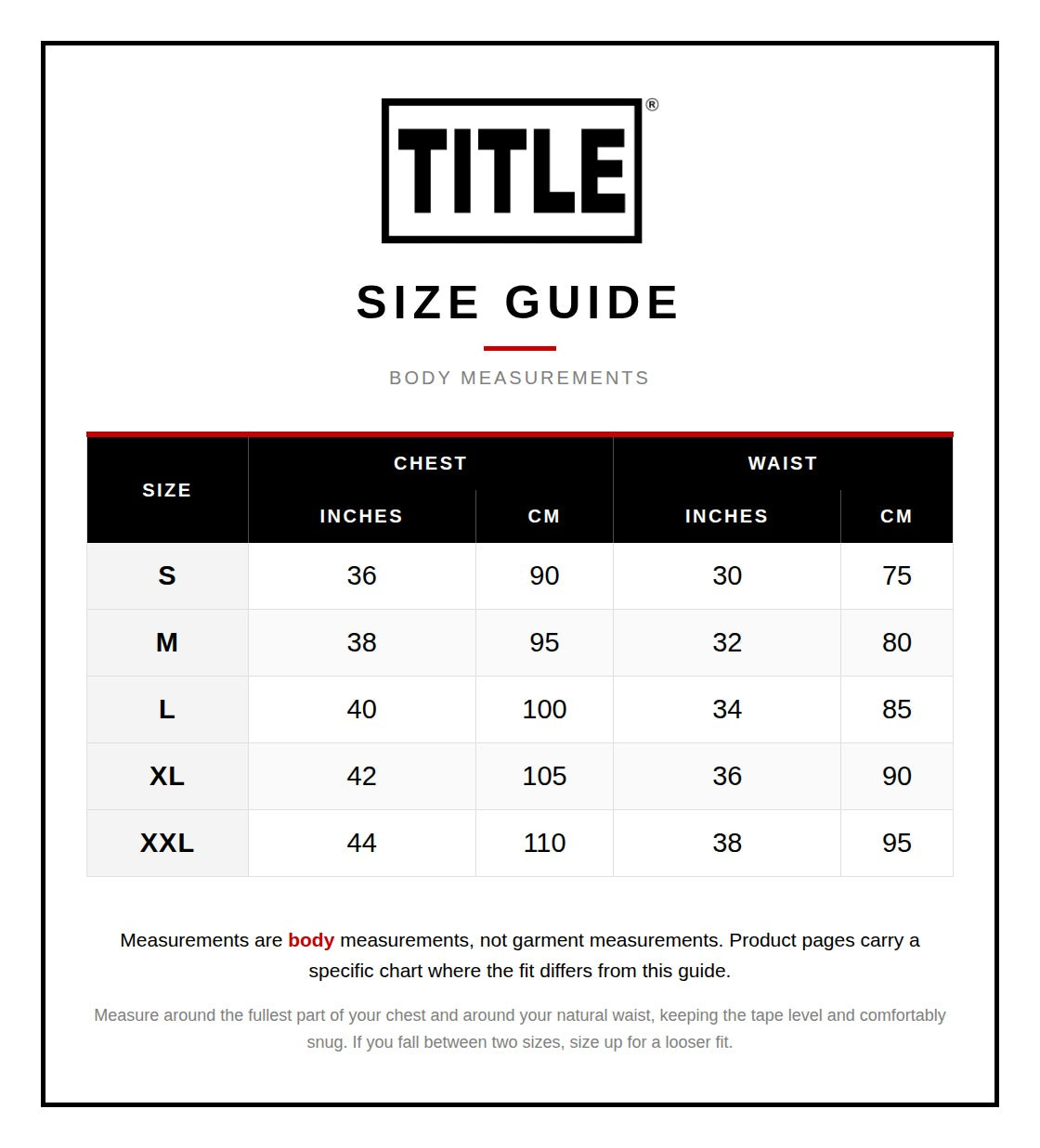 TITLE apparel size chart with chest and waist measurements for sizes S to XXL in inches and centimetres
