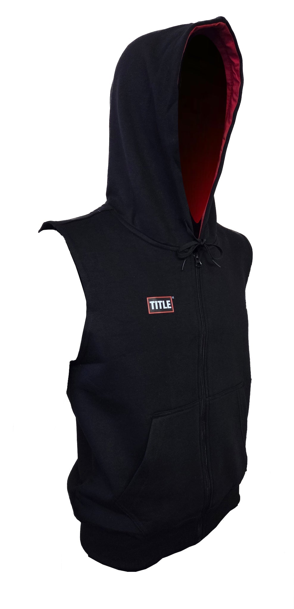 TITLE Boxing South Africa sleeveless black hoodie with a red inner hood lining, front zip, and kangaroo pocket.