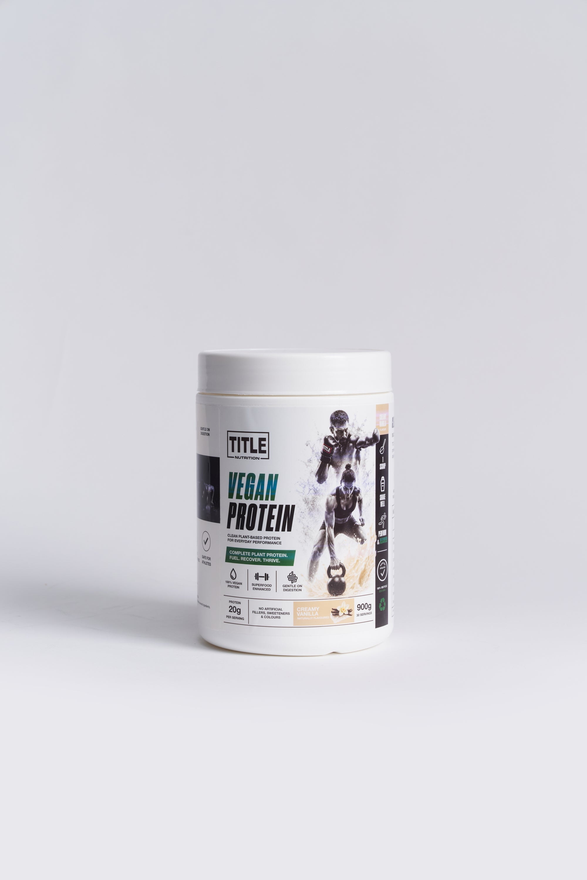 TITLE Boxing South Africa Vegan Protein powder tub in Creamy Vanilla flavour with 900g of plant-based protein blend.