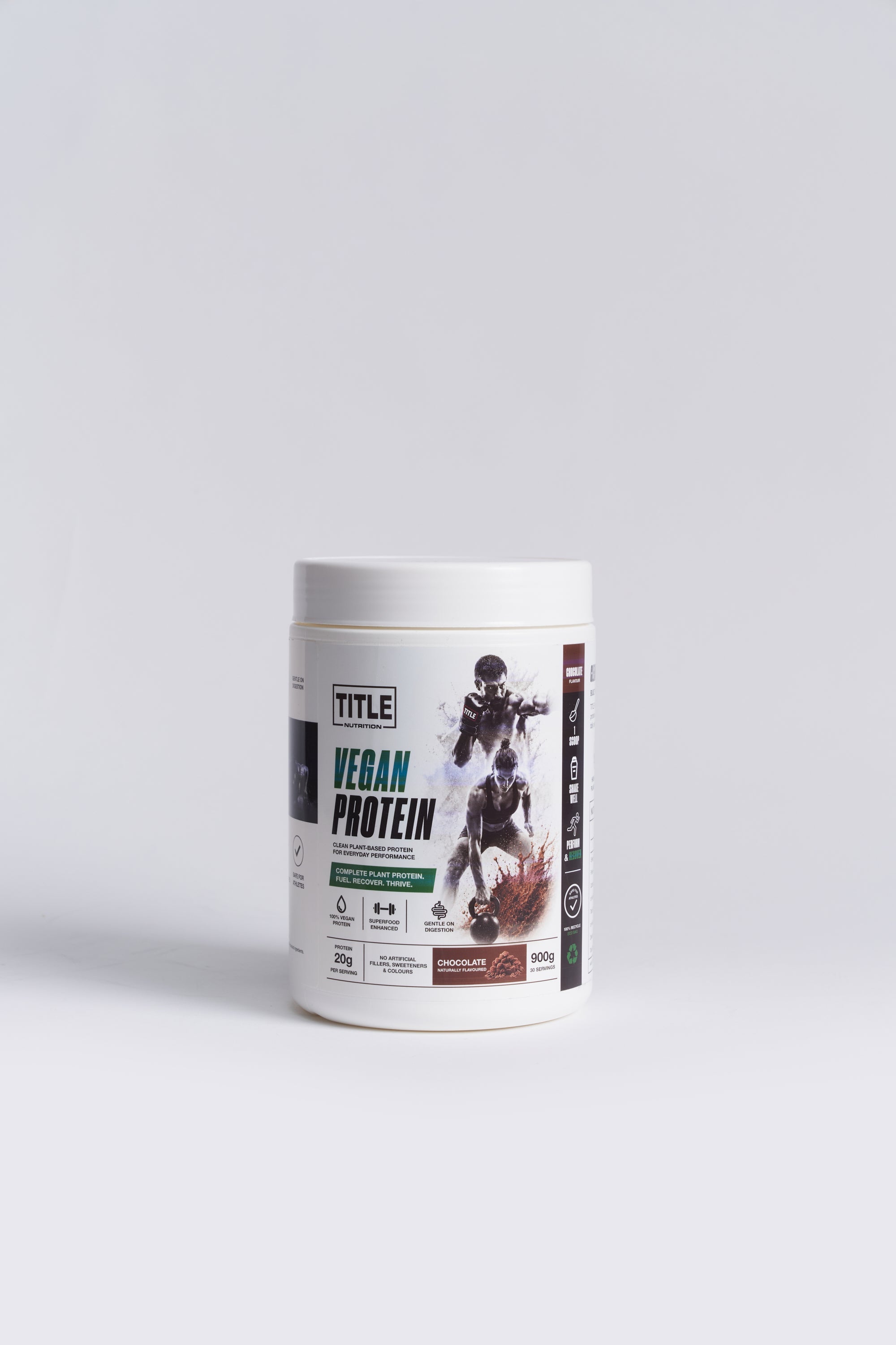 TITLE Boxing South Africa vegan protein powder tub in chocolate flavour with plant-based pea rice and hemp blend