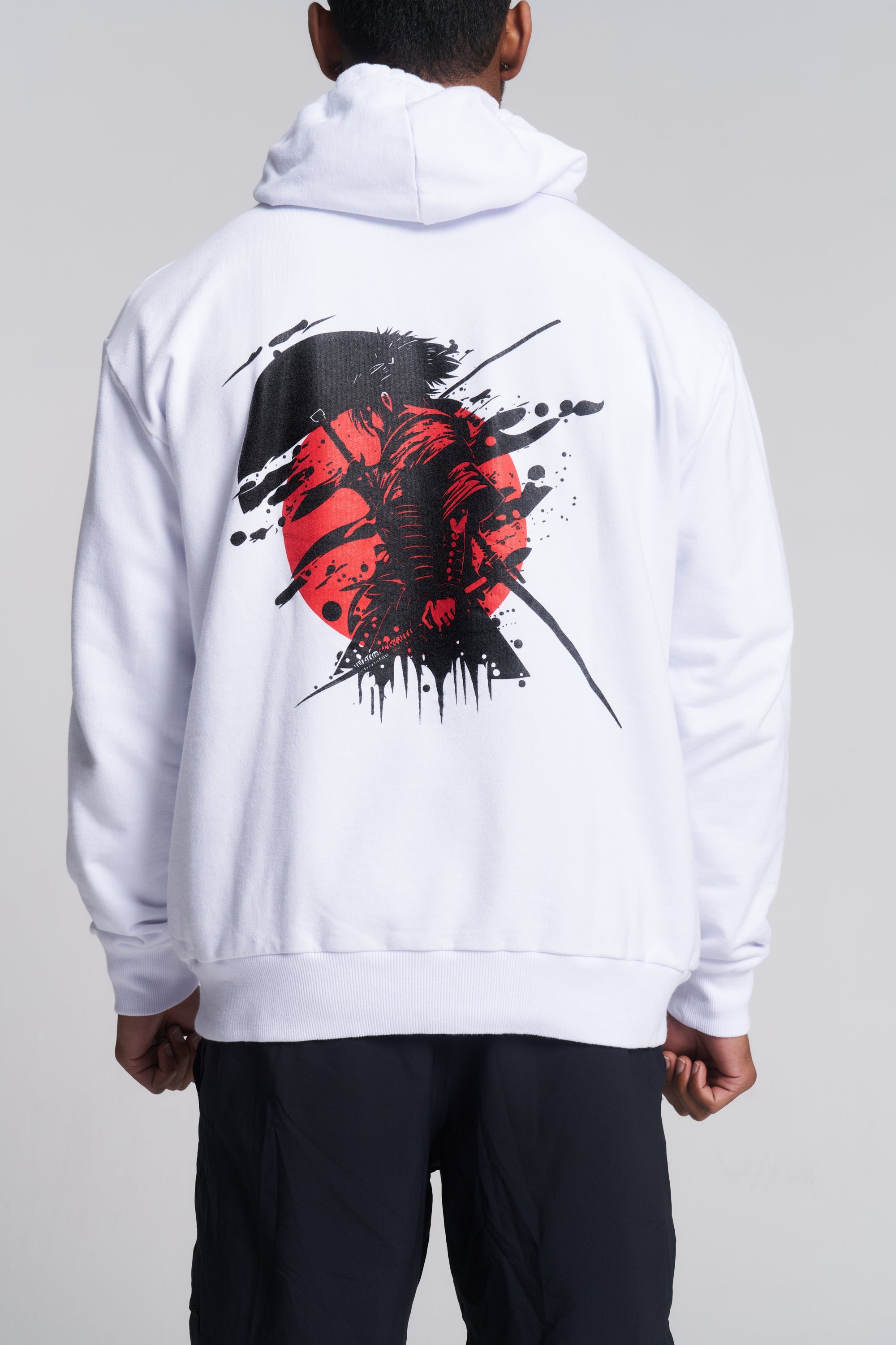 Back view of a person wearing a white TITLE Boxing South Africa heavyweight cotton hoodie with a samurai graphic.