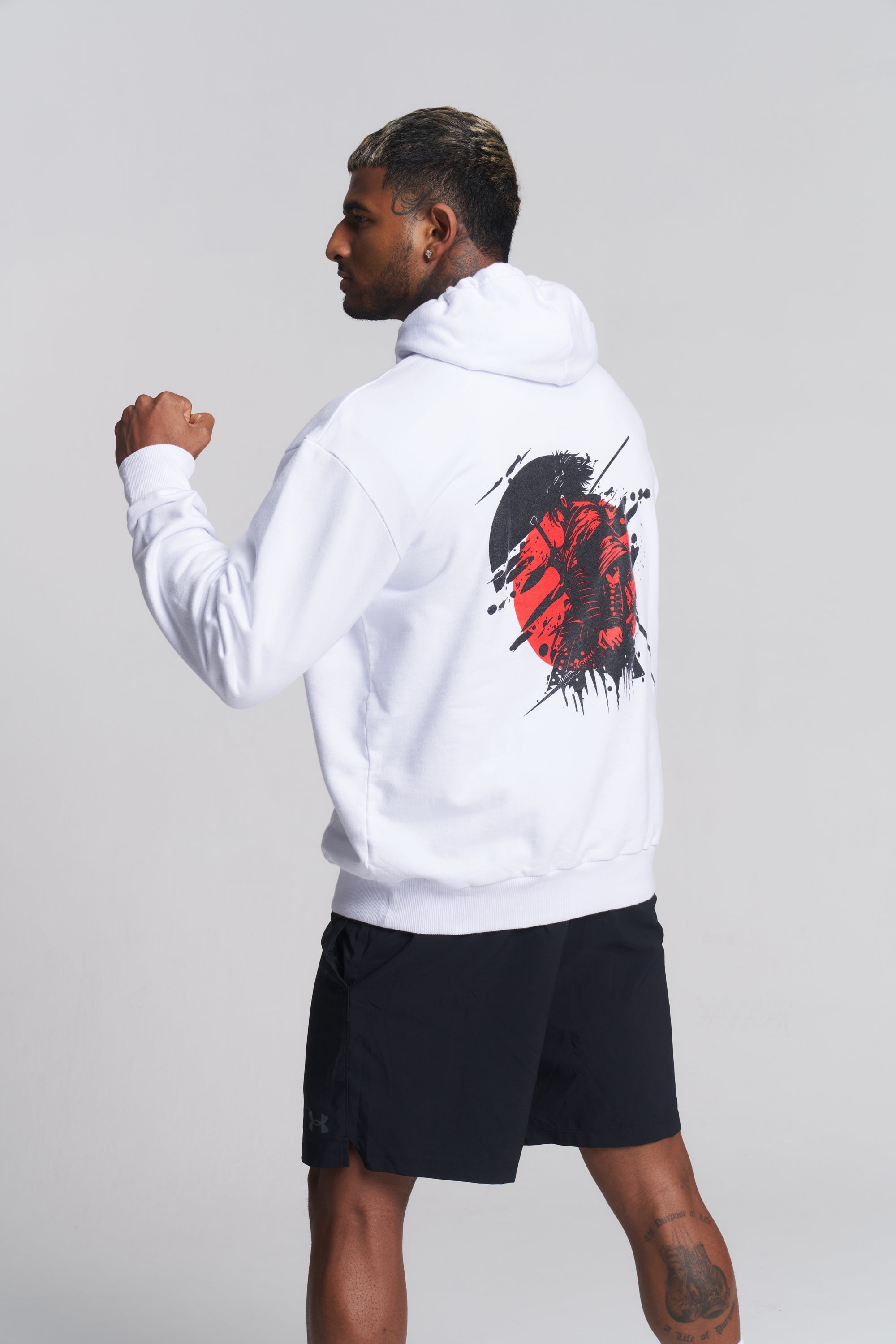 TITLE Boxing South Africa white heavyweight cotton hoodie with samurai warrior and red sun graphic on the back