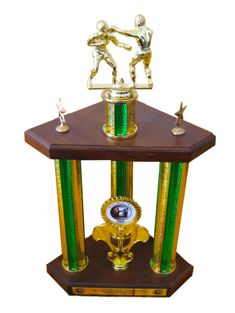 TITLE large three pillar boxing trophy, engraved with event name